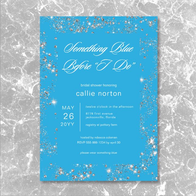 Convites Moderno Glam Diamond Algo Chá de panela Azul (Modern Glam Diamond Something Blue Bridal Shower Invitation)