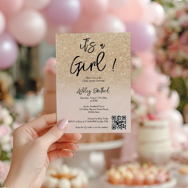 Convites Moderno Glam Dourado Brilhante, Rosa, Ombre Show d (Modern Glam Gold Glitter Pink Ombre Girl Baby Show Invitation)