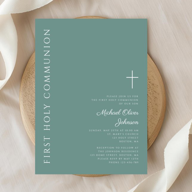 Convites Moderno Green Boy Cross First Santa Comunhão (Modern Green Boy Cross First Holy Communion Invitation)