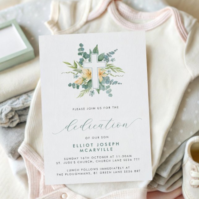 Convites Moderno Greenery Cross Script Baby Dedication (Criador carregado)