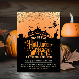 Convites Moderno Laranja e Negro Assombrado Halloween