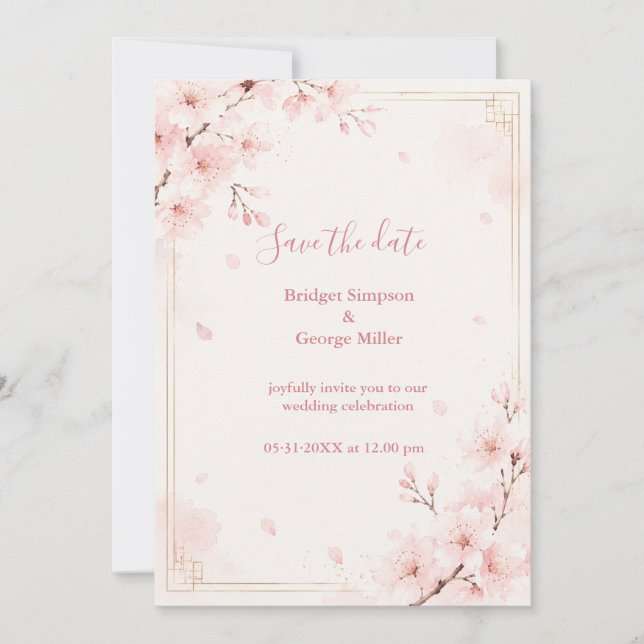 Convites Moderno Luxo Sakura Casamento Florido (Frente)
