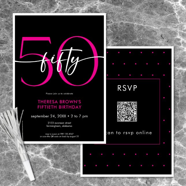 Convites Moderno Minimal Rosa Cinquenta Script Aniversário  (Modern Minimal Pink Fifty Script Birthday QR Invitation)