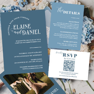 Convites Moderno Minimalista azul foto Casamento