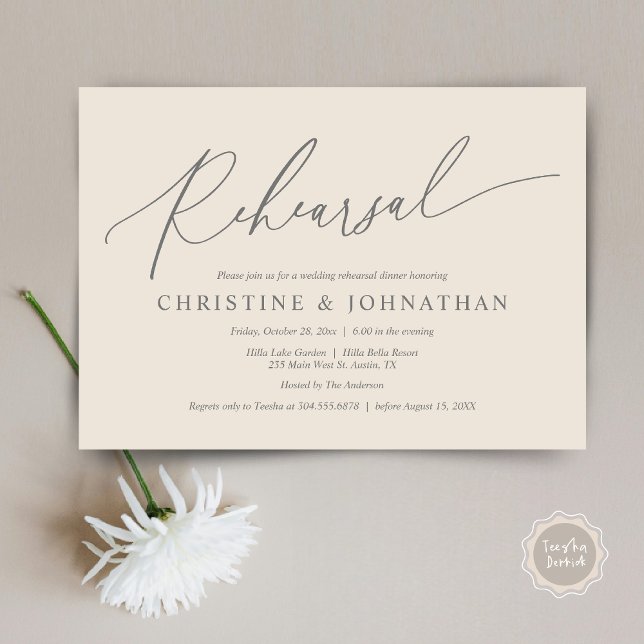Convites Moderno minimalista, ensaio de casamentos e Janto (Wedding Rehearsal Dinner Invitation Card, PDF, Modern Minimalist Handwriting, in Cream Grey)