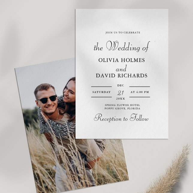 Convites Moderno Minimalista  Foto Personalizada Casamento (Modern Minimalist Custom Photo Wedding Invitation on white table with dry wildflower.)