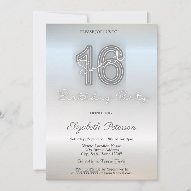 Convites Moderno Minimalista  Sweet 16 Prata (Frente)