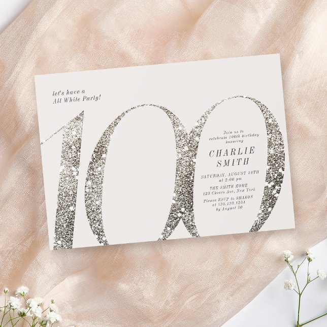 Convites Moderno minimalista todo partido branco 100º anive (Modern minimalist all white party 100th birthday invitation)