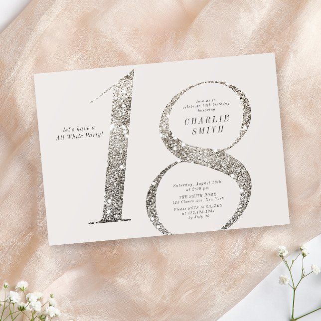 Convites Moderno minimalista todo partido branco 18 anos (Modern minimalist all white party 18th birthday invitation)
