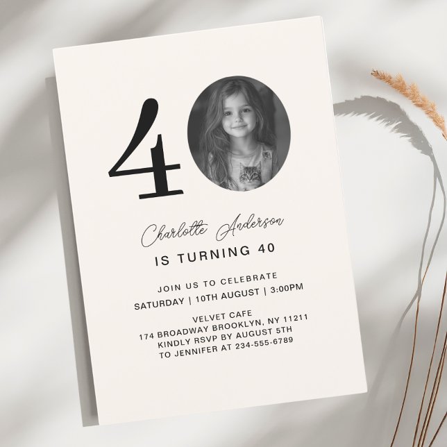 Convites Moderno, mínimo 40. Beige Birthday Photo (Modern, minimal 40. Beige Birthday Photo Invitation)