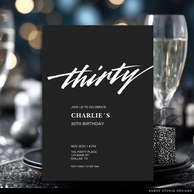 Convites Moderno Mínimo Preto Branco Script 30º Aniversário (The front and back of the invitation are shown at 5x7-inch size. Choose size, paper, + corner style.)