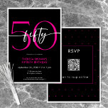 Convites Moderno Mínimo Rosa 50 Script Birthday QR<br><div class="desc">Moderno e chic, este convite de aniversário combina preto clássico e branco com sotaques de rosa brilhante. É um design mínimo é um design simples e divertido para celebrar o aniversário do marco. A parte traseira retém uma área para um código QR para resposta RSVP. Criado pela imprensa simplesmente de...</div>