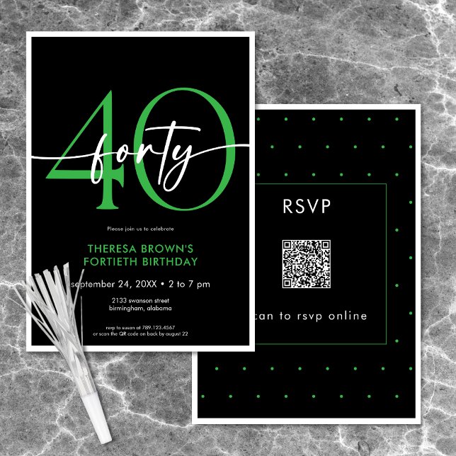 Convites Moderno Mínimo Verde Quarenta Script Aniversário Q (Modern Minimal Green Forty Script Birthday QR Invitation)