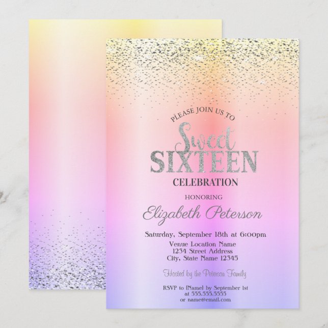 Convites Moderno Ombre Elegante, Confetes Sweet 16 (Frente/Verso)