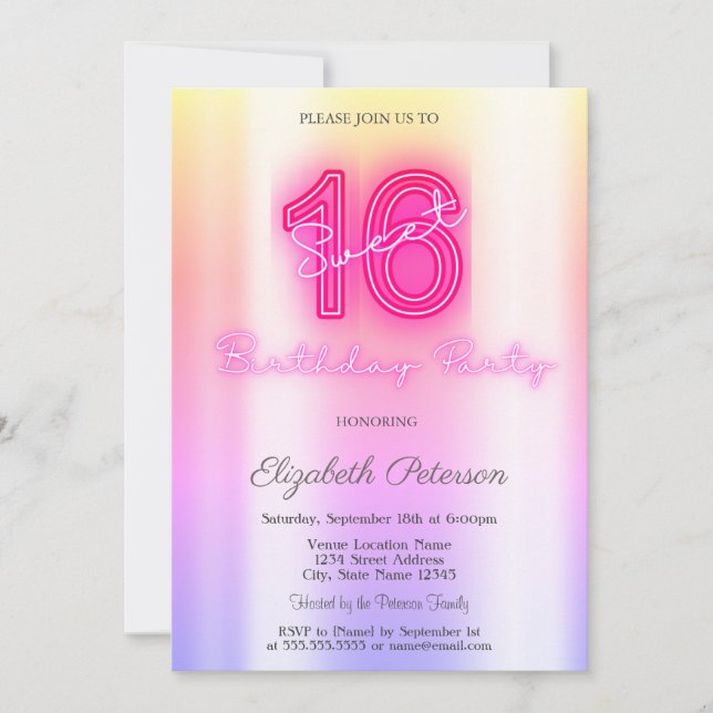 Convites Moderno Ombre Neon Sweet 16 (Frente)