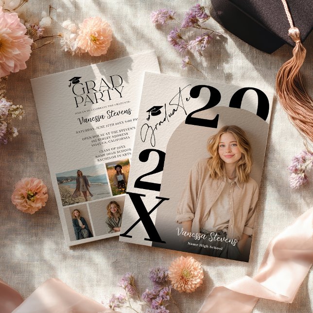 Convites Moderno Ousado Preto Branco Tendência 6 fotos grad (Modern Bold Black white Trendy 6 photos graduation Invitation)