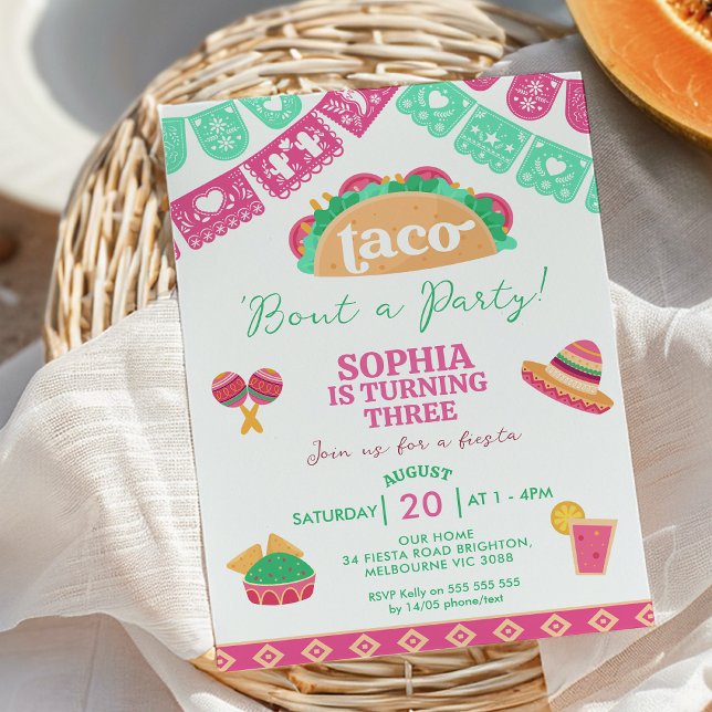 Convites Moderno Pink Fiesta Taco Bout A Partir De Aniversá (Taco 'bout a Party Birthday Invitation Template Girl, Taco  Fiesta Birthday Invitation, Mexican)