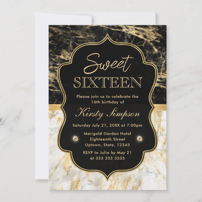 Convites Moderno Preto, Branco e Mármore Dourado Sweet 16 (Frente)