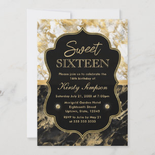 Convites Moderno Preto, Branco e Mármore Dourado Sweet 16