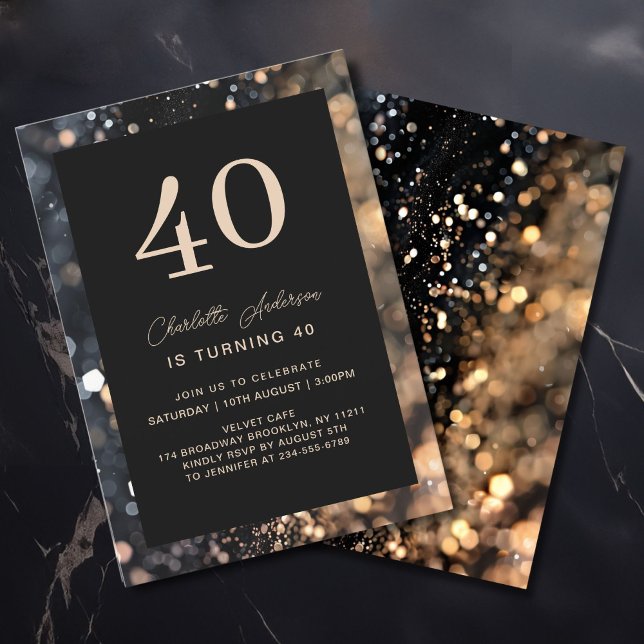 Convites Moderno, Preto, Dourado, Brilhante, 40. Aniversári (Modern, Black, Gold, Glitter, Glamour, 40. Birthday Invitation)