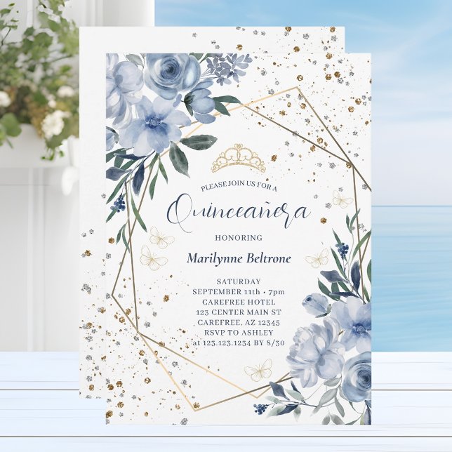 Convites Moderno Quinceañera Azul Poeirento Dourado (Criador carregado)