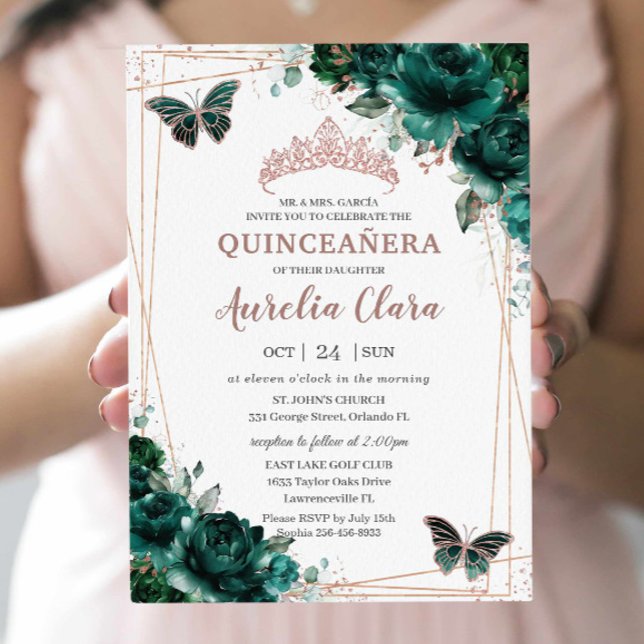 Convites Moderno Quinceañera Emerald Green Rosa Floral Dour (Criador carregado)