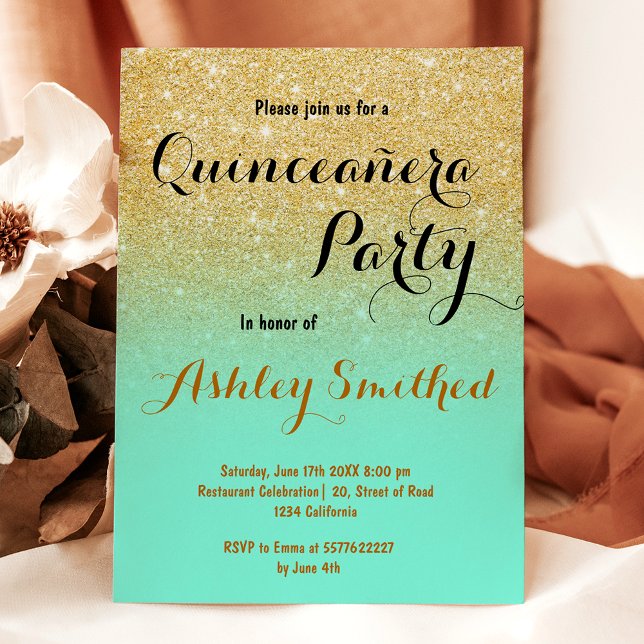 Convites Moderno Quinceañera verde menta brilho dourado fem (Modern girly gold glitter mint green Quinceañera Invitation)