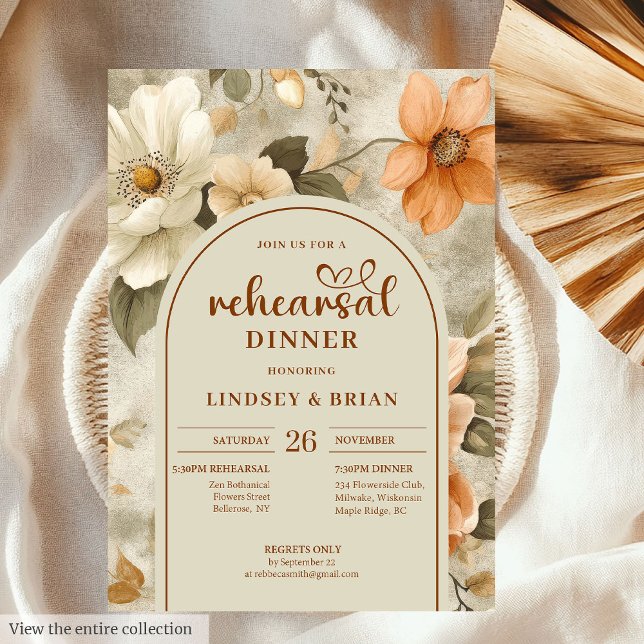 Convites Moderno Rehearsal Floral Marrom Laranja Queimada M (Modern Burnt Orange Ivory Sage Floral Rehearsal Invitation)