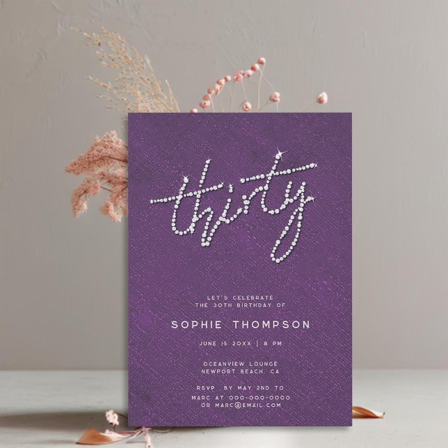 Convites Moderno Rhinestones aniversário de 30 anos Minimal (elegant rhinestones modern purple 30th birthday invitation for women classy minimalist calligraphy)