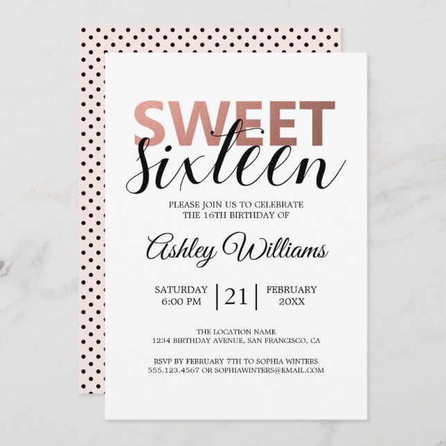 Convites Moderno Rosa Dourado Elegante Sweet 16 (Frente/Verso)