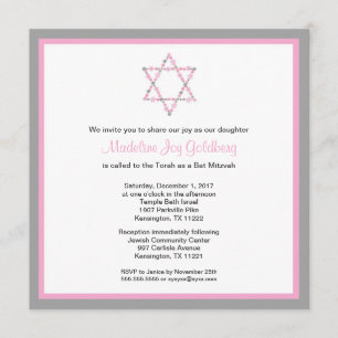 Convites Moderno Rosa e Cinza, Bat Mitzvah Convidam