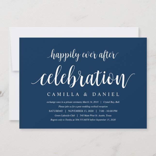 Convites Moderno Rústico, Casamento com Escrito em Azul-Mar (Frente)