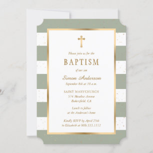 Convites Moderno sábio verde Dourado cruz estrelas batismo