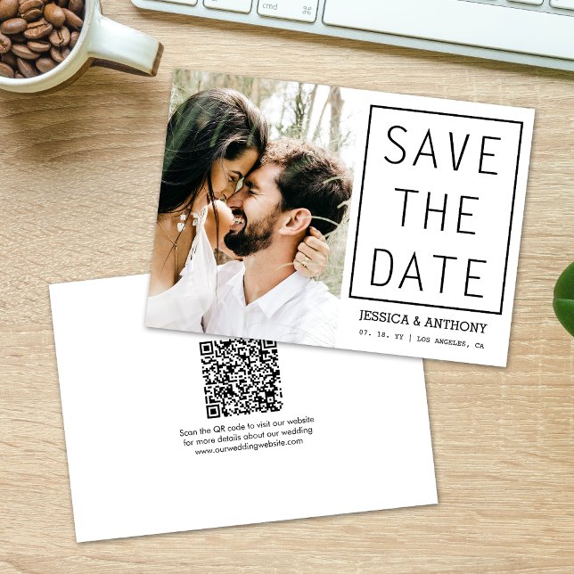 Convites Moderno Salve A Data Foto Código QR Casamento (Save the Date with a QR code for your guests to easily find out more details about your wedding.)
