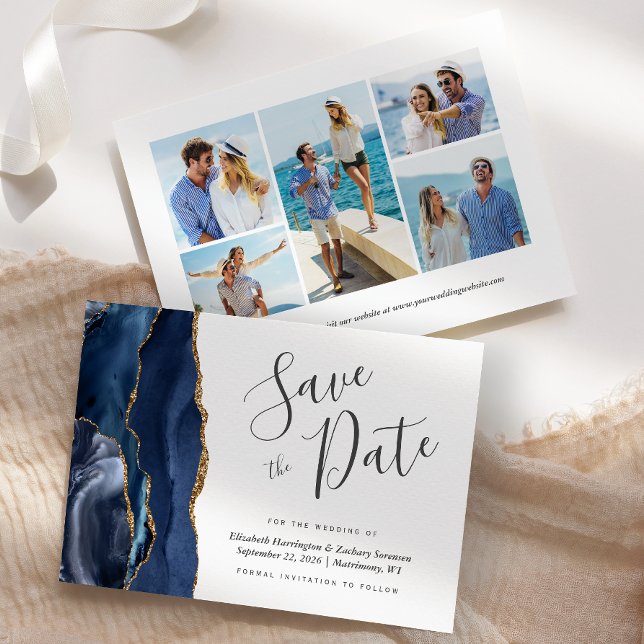 Convites Moderno Save the Date Azul Naval Dourado com Ágata (Criador carregado)