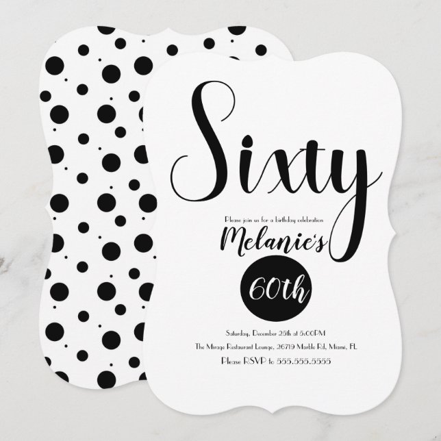 Convites Moderno Script 60th Bold Preto e Branco Pontos (Frente/Verso)
