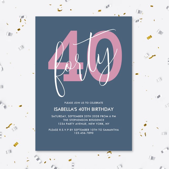 Convites Moderno Script Chic Aniversário de 40 anos com Est (Criador carregado)