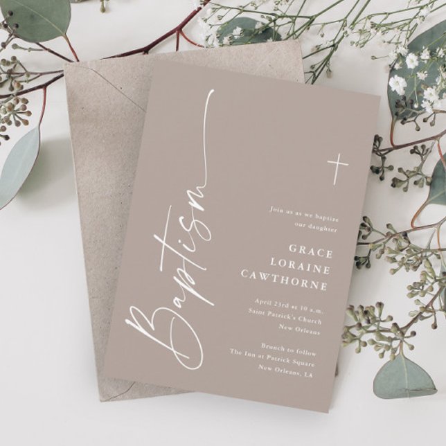 Convites Moderno Script Elegante Neutro em Gênero Boho Bati (Modern Elegant Script Boho Gender Neutral Baptism Invitations.)