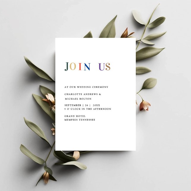 Convites Moderno, simples, frisch Hochzeit (Minimal, modern, white, wedding invitation card with colorful typography. 
)