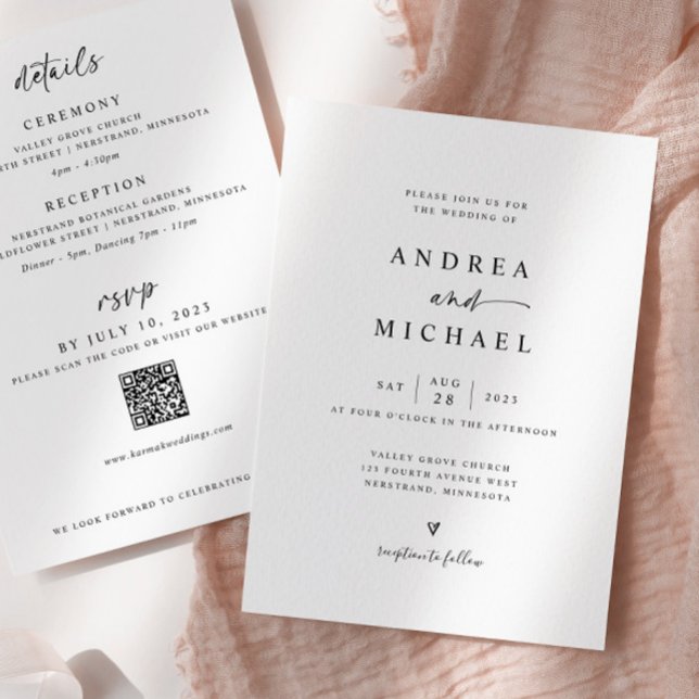 Convites Moderno Simples Tudo em Uma Mão Desenhou Casamento (Simple Modern All in One wedding invitations with details on the back)