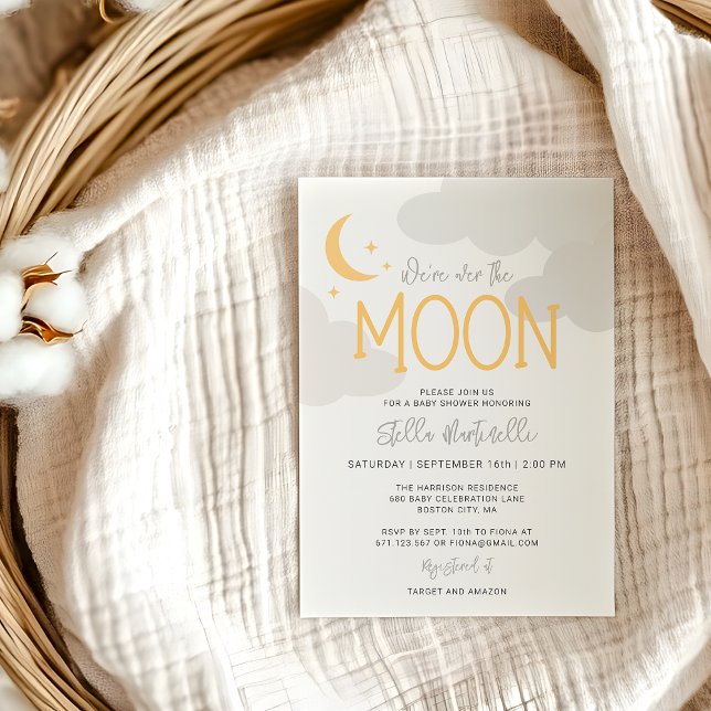 Convites Moderno Sobre O Chá de fraldas Da Lua (Modern Over The Moon Baby Shower Invitation)
