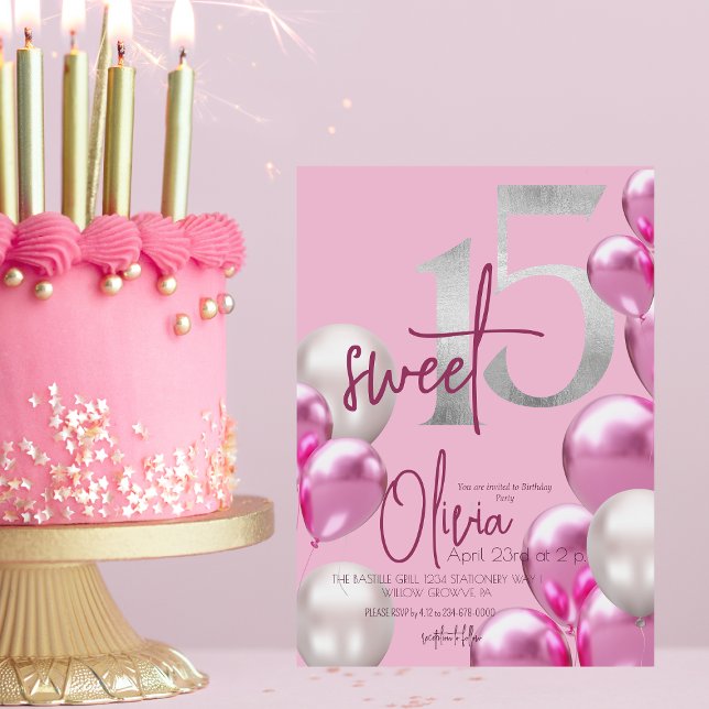 Convites Moderno Sweet 15 Pink Silver Balloons Aniversário (Criador carregado)