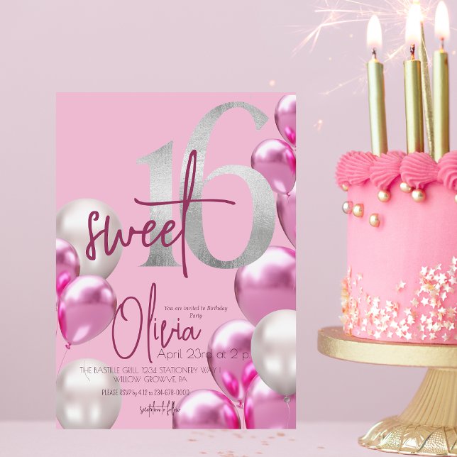 Convites Moderno Sweet 16 Pink Silver Balloons Aniversário (Criador carregado)