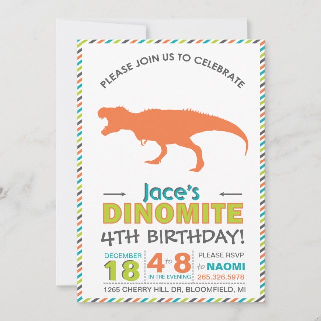 Convites Moderno T-Rex Dinossaur Orange Green Invite (Frente)