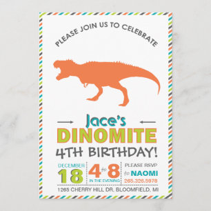Convites Moderno T-Rex Dinossaur Orange Green Invite
