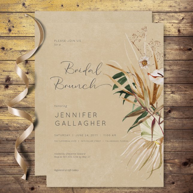 Convites Moderno Tan Boho Seco Buquê Floral Bridal Brunt (Modern Tan Boho Dried Floral Bouquet Bridal Brunch Invitation)