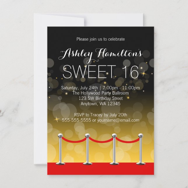 Convites Moderno Tapete Vermelho Hollywood Sweet 16 (Frente)