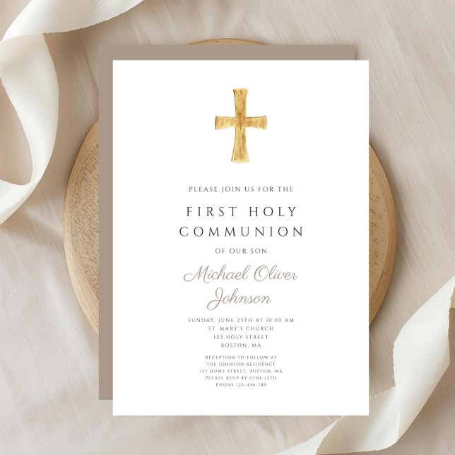 Convites Moderno Taupe Cross Boy Comunhão Sagrado (Modern Taupe Cross Boy Holy Communion Invitation)