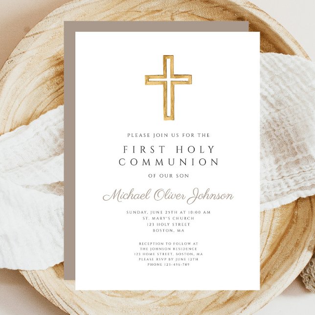 Convites Moderno Taupe Cruza a Primeira Comunhão Religiosa (Taupe Beige Cross Religious Boy First Invitation)