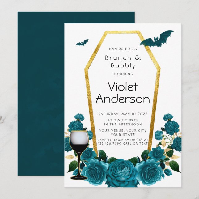 Convites Moderno Teal Dourado Coffin Florals Brunch e Bubbl (Frente/Verso)